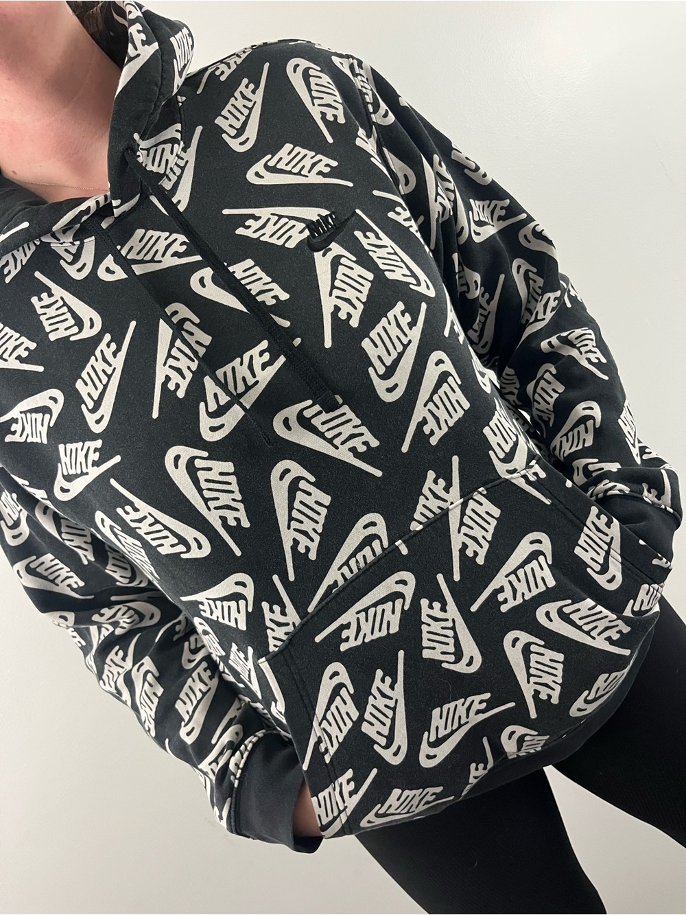Nike Sportswear Allover Logo Print Pullover Hoodie Black White Size Large
